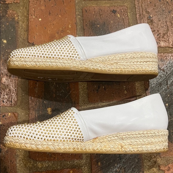 Stuart Weitzman White and Gold Studded Espadrilles - Picture 6 of 12